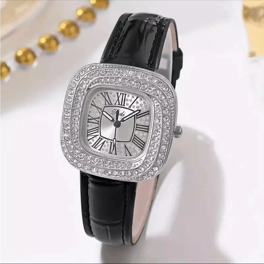 Women’s Square Design Starry Sky Quartz Watch With Diamonds black leather band